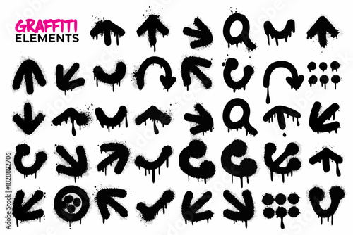 Collection of black graffiti elements arrows letters and abstract shapes