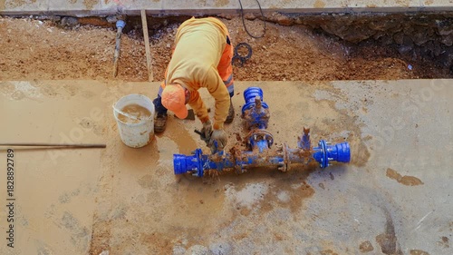 Top-down view of a plumber in an orange uniform assembling a new blue water main pipe. Worker installing industrial metal flange pipes on an asphalt background. Construction and utility maintenance co