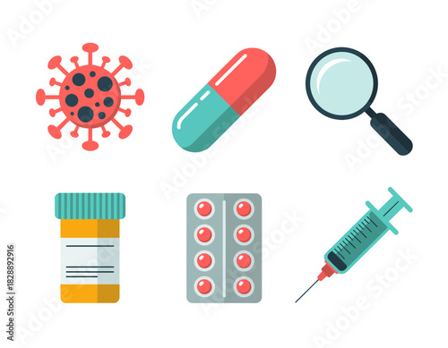 Healthcare and medical icons, virus, capsule, syringe, pill bottle, magnifier