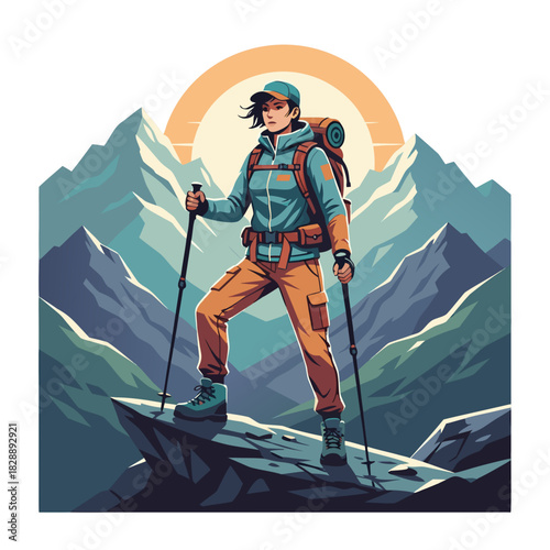 Pixel Art Hiker Standing On Rocky Outcrop With Trekking Poles Amidst Majestic Mountains Under A Warm Sun Emblematic Of Adventure And Exploration