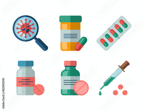 Medical and science icons set, virus research, pharmaceutical treatment, healthcare symbols