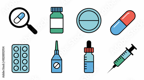 Medical drug, pharmacy, healthcare symbols collection, flat design icons