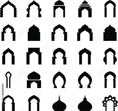 Collection of twenty five unique archway designs in black silhouette ideal for architectural inspiration logo creation or cultural representation in design projects