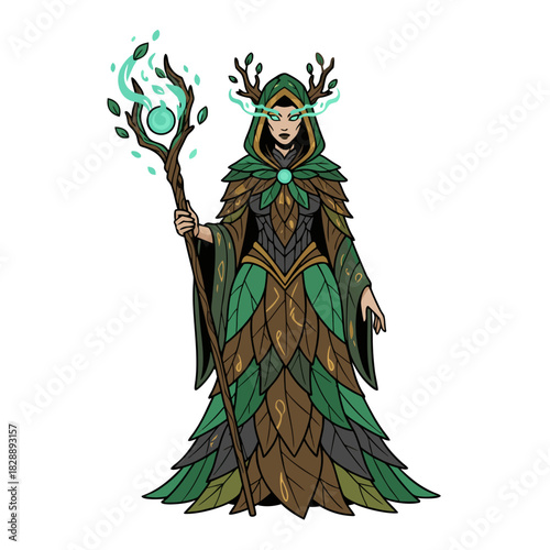 Mystical Forest Sorceress With Antlers And Glowing Staff In Dark Green And Brown Leafy Robes Illuminated By Ethereal Blue Light