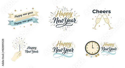 Elegant Happy New Year Celebration Icons and Lettering Set in Minimalist Style