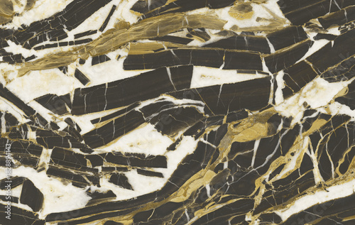 Black marble texture with fragmented white layers and flowing gold veins creating bold contrast and dramatic stone depth