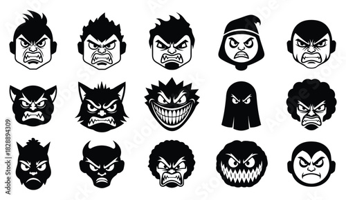 Collection of angry cartoon faces in black and white