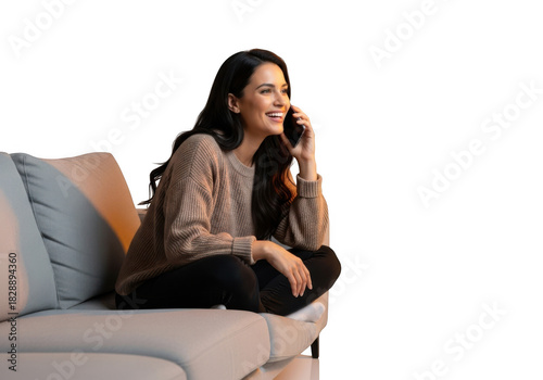 Woman sitting on a couch talking on her phone isolated on transparent background