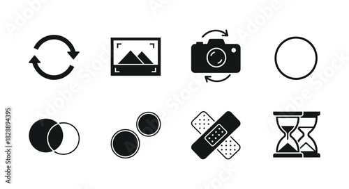 Set of eight black and white photo editing icon
