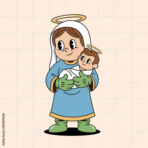 Mother Mary and Baby Jesus: Cute Cartoon Illustration of Madonna and Child