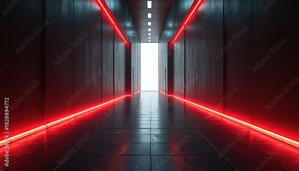 Fototapeta premium Futuristic dark corridor with red neon lights along walls and floor tiles reflecting the glow. The passage leads to a bright white opening at the end of the hallway.