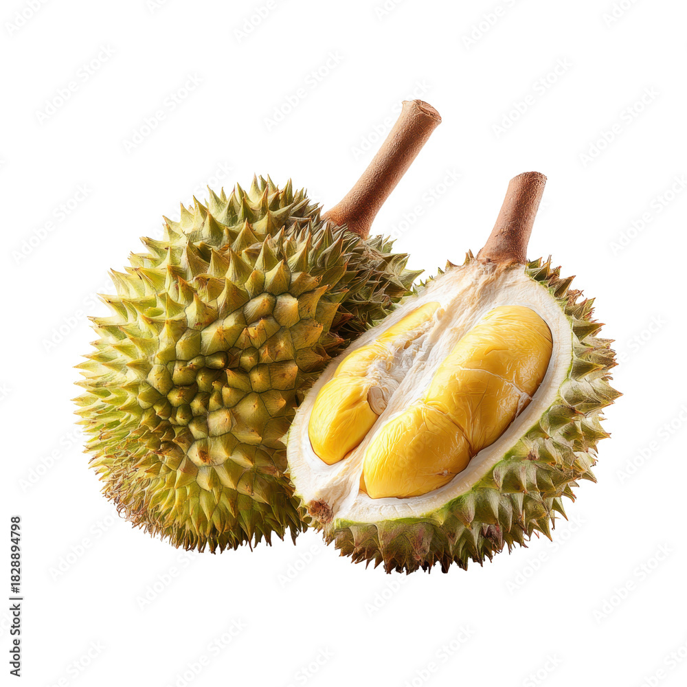 Fototapeta premium Fresh durians placed on a white background showcasing their spiky exterior and creamy yellow flesh
