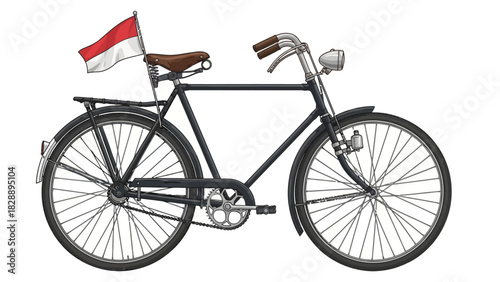 Pixel art of a black vintage bicycle with an Indonesian flag