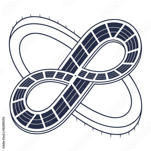 Stylized dark blue infinity loop roller coaster track with a white background and intricate detailing