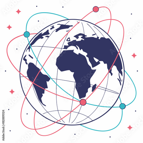 Stylized illustration of a dark blue globe with orbiting lines and colorful dots representing global connections and networks