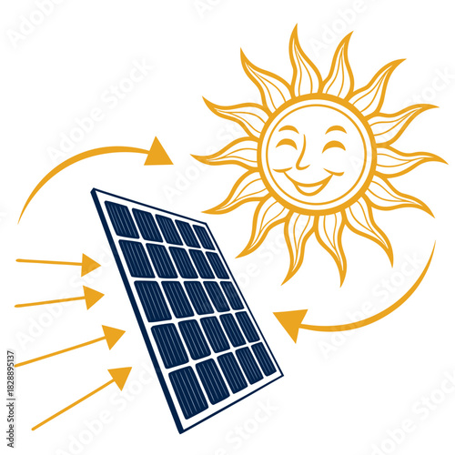 Happy cartoon sun beaming energy rays onto a solar panel for renewable power generation illustration
