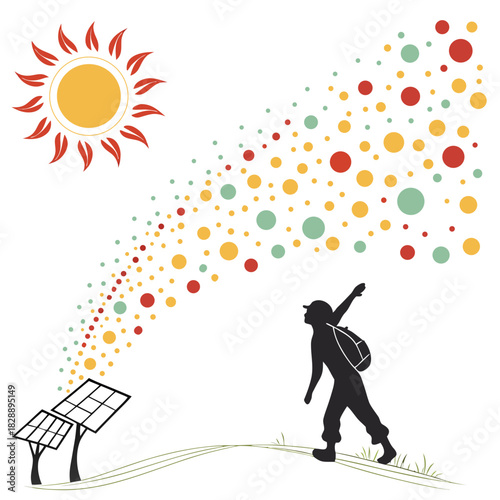 Silhouette of a person with a backpack looking up at a stylized sun and colorful energy particles emanating from solar panels
