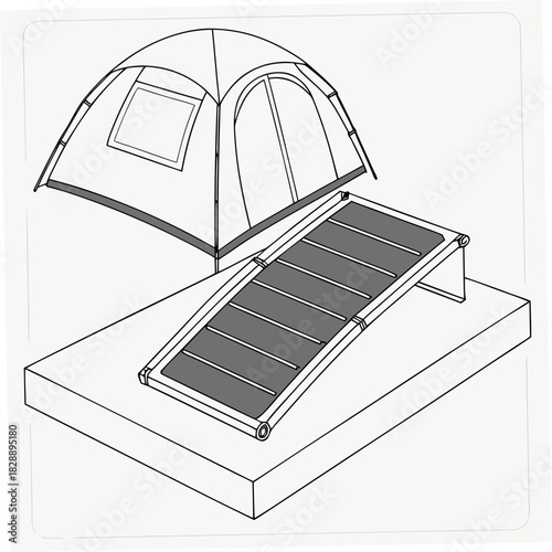 Illustration of a camping tent set up next to a portable solar panel charging station on a flat surface
