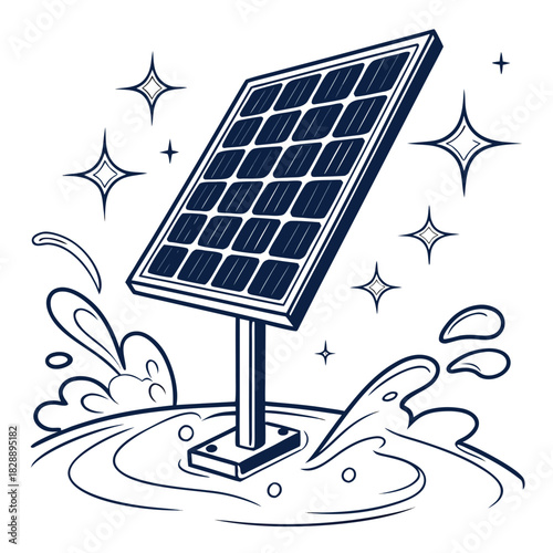Clean solar panel with sparkling stars and splashing water representing renewable energy and environmental purity