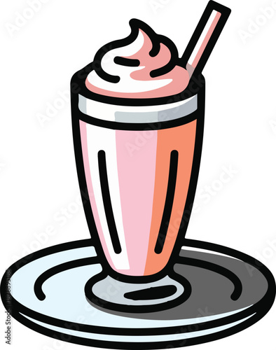 Refreshing strawberry milkshake in a tall glass on a plate illustration