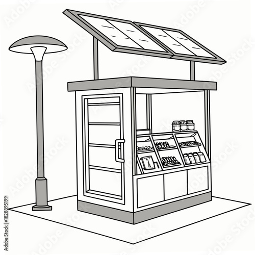Modern solar powered kiosk with display shelves and jars next to a street lamp