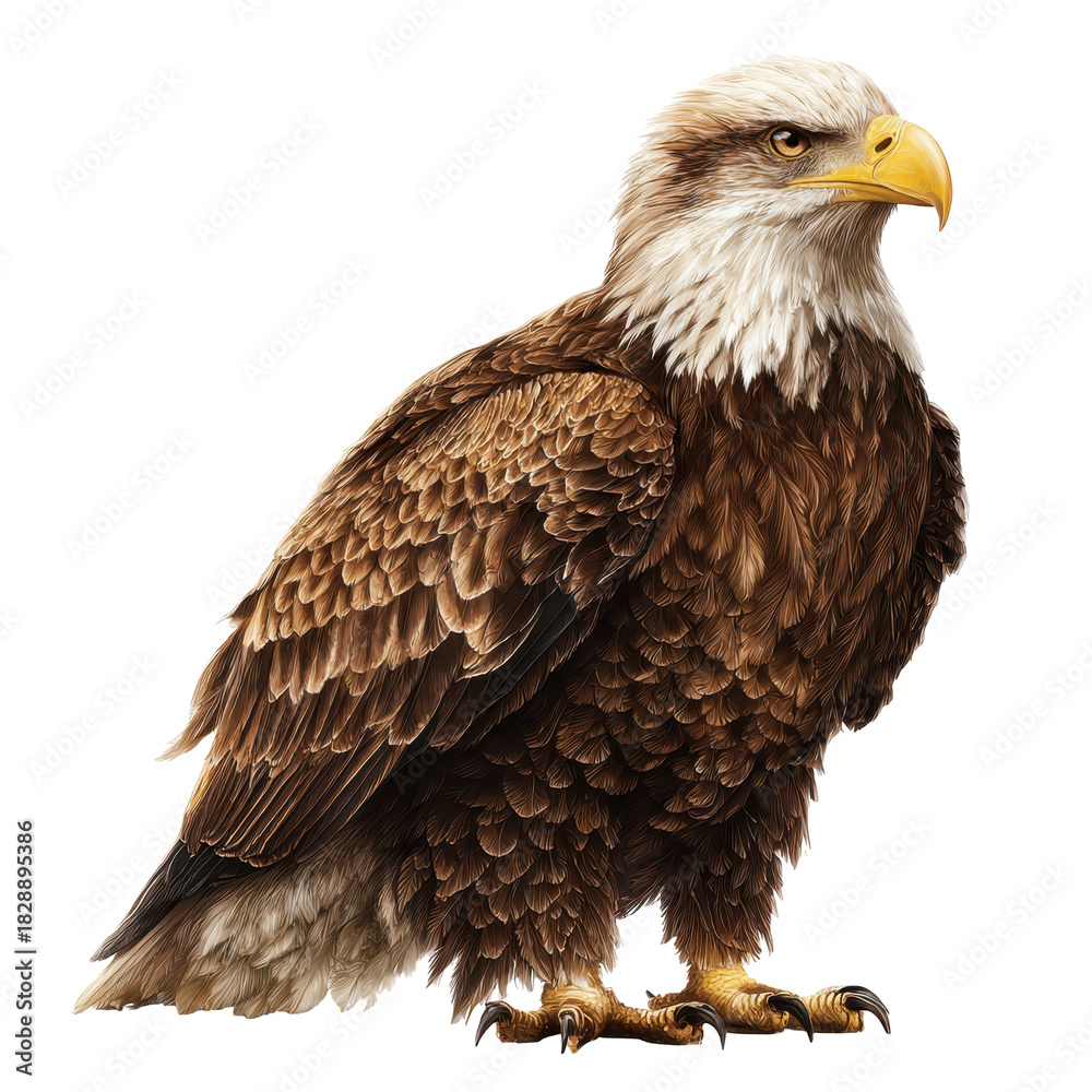 Obraz premium Majestic bald eagle perched on a branch with striking feathers in a natural setting near a river