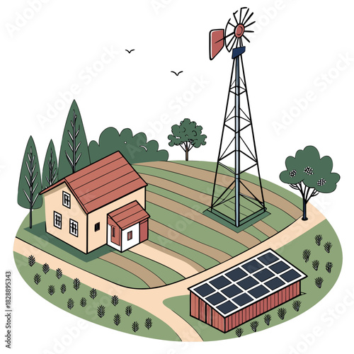 Idyllic rural farm scene featuring a house windmill solar panels and trees on rolling green hills