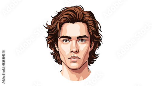 Pixel art portrait of a young man with brown wavy hair