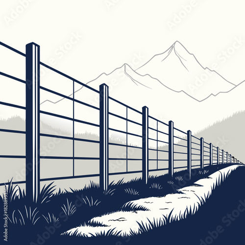 A long fence line stretches into the distance with mountains in the background and grass in the foreground