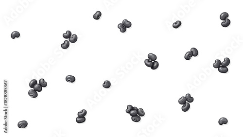 Pixelated black beans scattered on a white background