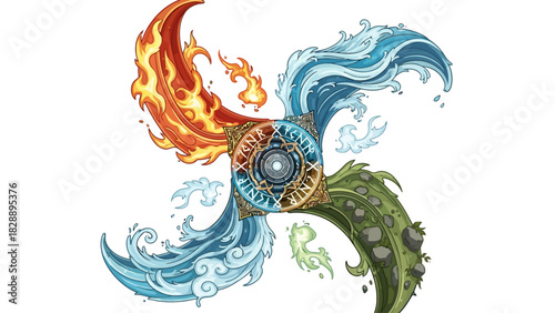 Pixel art symbol of four elements fire water earth and air