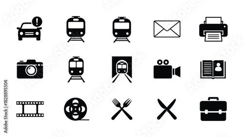 Set of black transportation and media icon glyphs