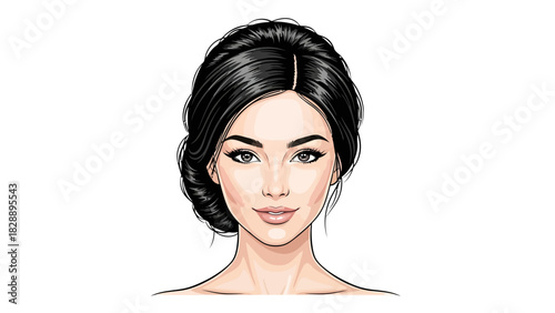 Portrait of a woman with dark hair styled in an updo