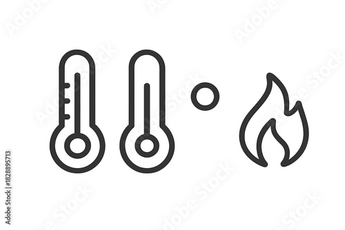 Temperature measurement and heat icon set featuring thermometers and a flame symbol