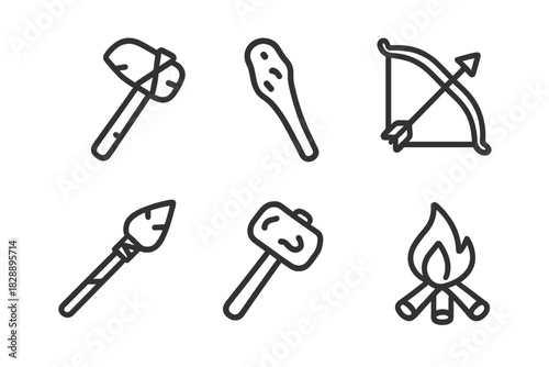 Collection of ancient primitive weapons and survival elements outline icons including axe, bow, and fire