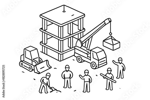 Isometric construction site with workers, crane, and excavator heavy machinery