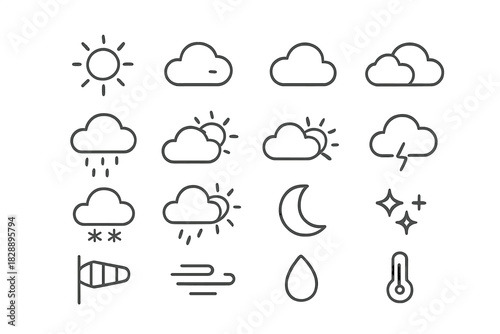 Minimalist outline symbols representing various weather conditions and meteorological phenomena