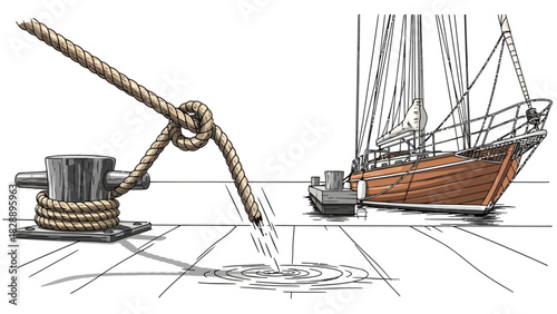 Rope tied to a cleat on a dock with a sailboat in the background