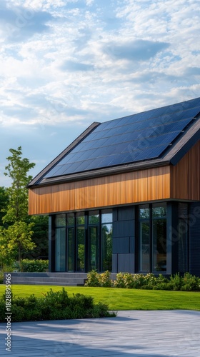 Modern house with solar panels on the roof, large glass windows, and lush green landscaping under a bright blue sky with fluffy clouds