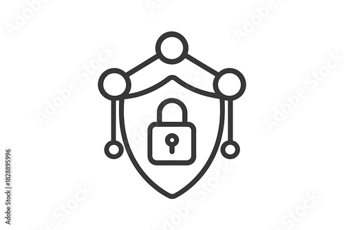 Digital network security shield with connected nodes and central padlock for data protection and privacy
