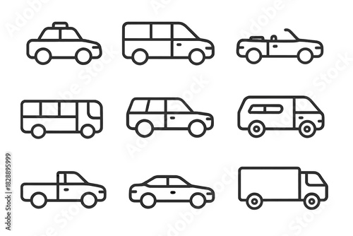 Minimal line art icons set of modern road transportation vehicles and automobiles