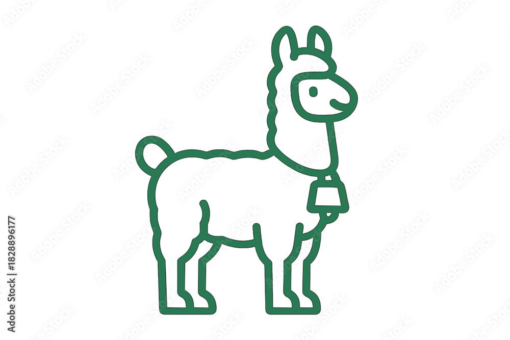 Naklejka premium Minimalist green line drawing of a standing llama with a small bell around its neck