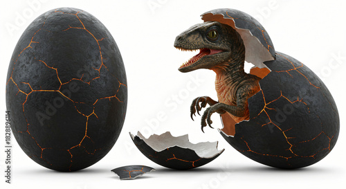 A prehistoric creature emerges from a dramatically cracked, dark egg on a pristine white background, symbolizing ancient origins and the captivating beginning of new life
