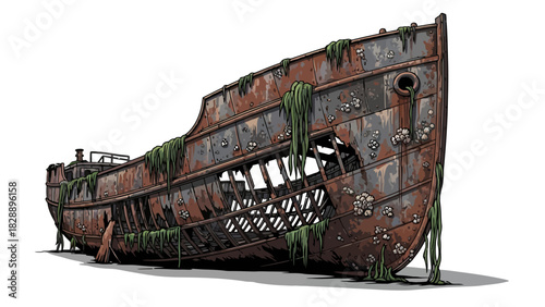 Rusty shipwreck on a white background with algae and barnacles