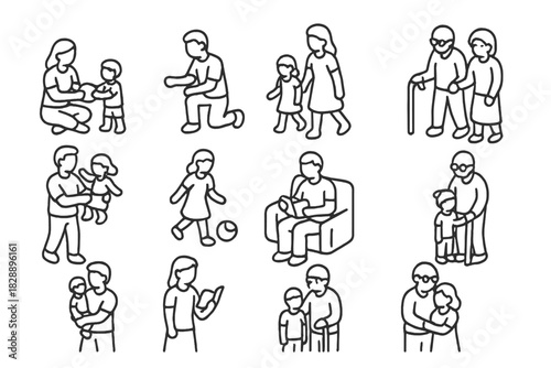 Minimal outline icons set illustrating various family relationships and generational stages
