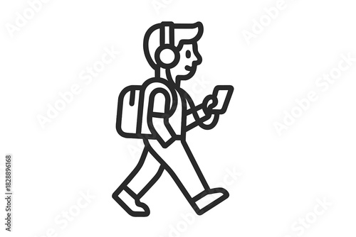 Person walking with a backpack and headphones while looking at a mobile phone screen