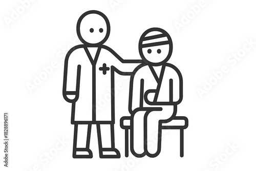 Medical professional comforting injured patient wearing bandages and arm sling