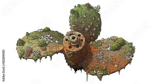 Rusty barnaclecovered propeller overgrown with moss and plants