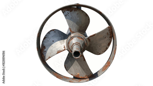 Rusty threebladed propeller with protective ring on white background
