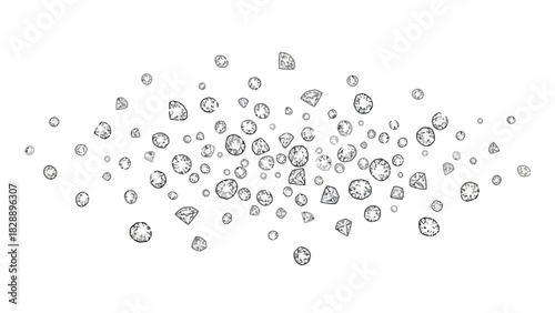 Scatter of faceted diamonds on a white background